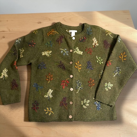 Eagle'S Eye Sweaters - Eagle's Eye Vintage Womens Large Wool Embroidered Leaf Cardigan Olive Green L